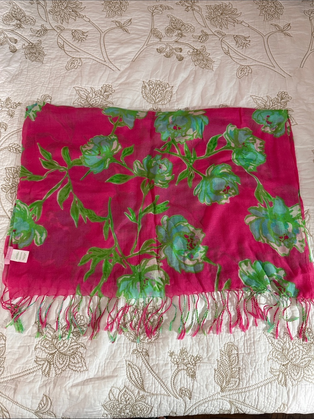 Lilly Pulitzer Hot Pink Floral Fringe Wrap with Green Accents one size